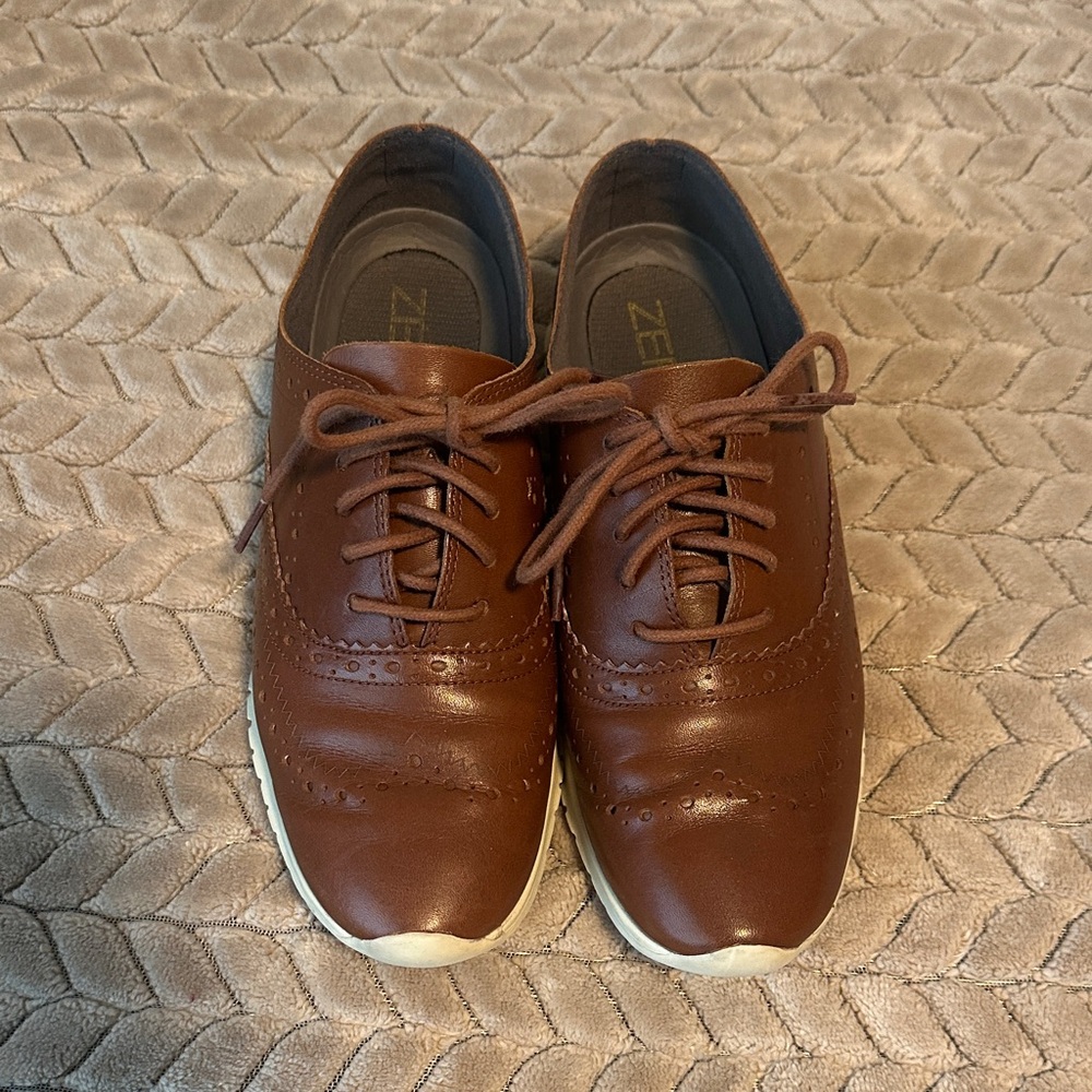 Cole Haan Brown Leather Wingtip Oxfords with White Soles